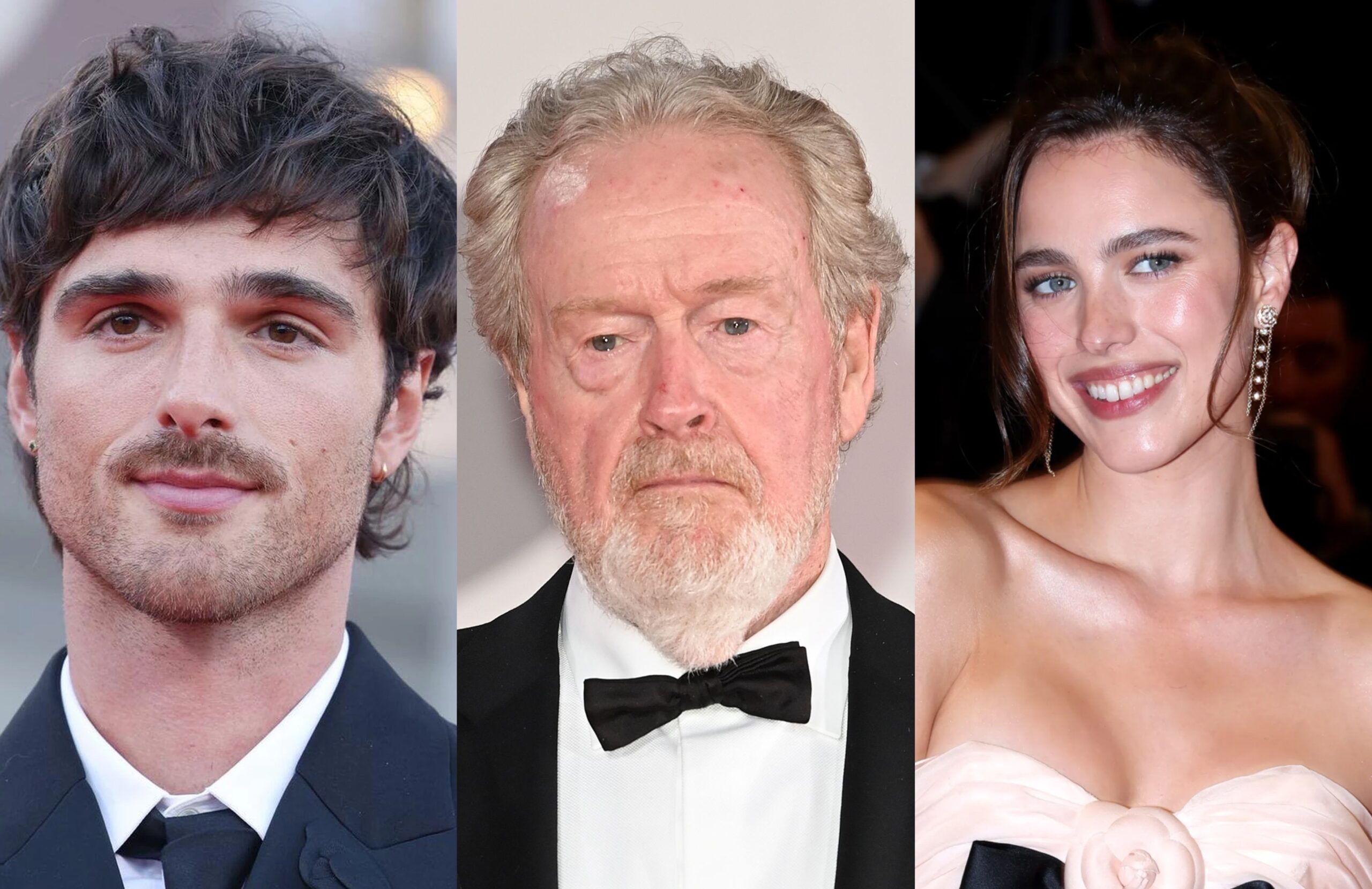 In foto Jacob Elordi, Ridley Scott e Margaret Qualley, protagonisti e regista di 'The Dog Stars'.