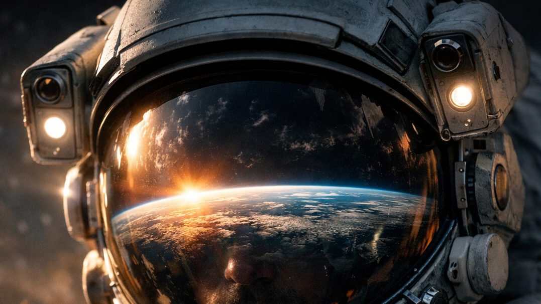 TErra rifelssa sul casco di un cosmonauta